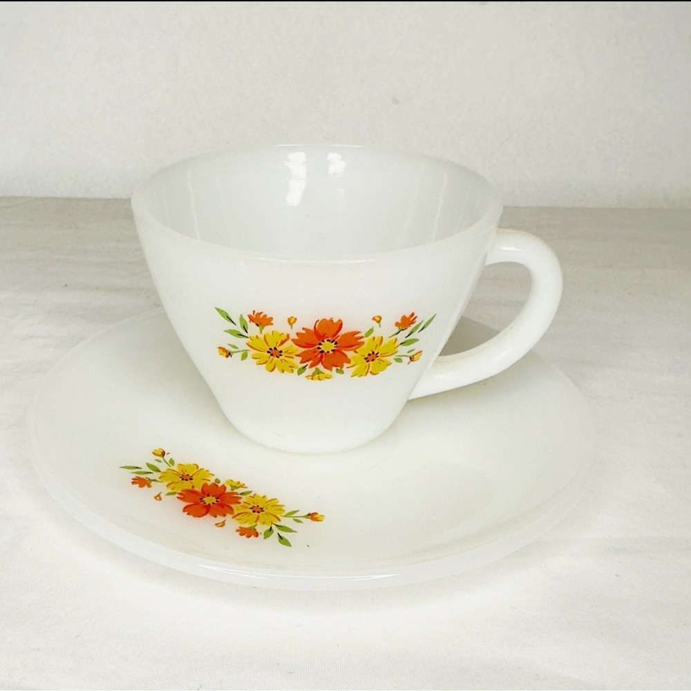 Vtg Fire King Milk Glass Floral Flower Tea Cup & Saucer Rare Multiple Available